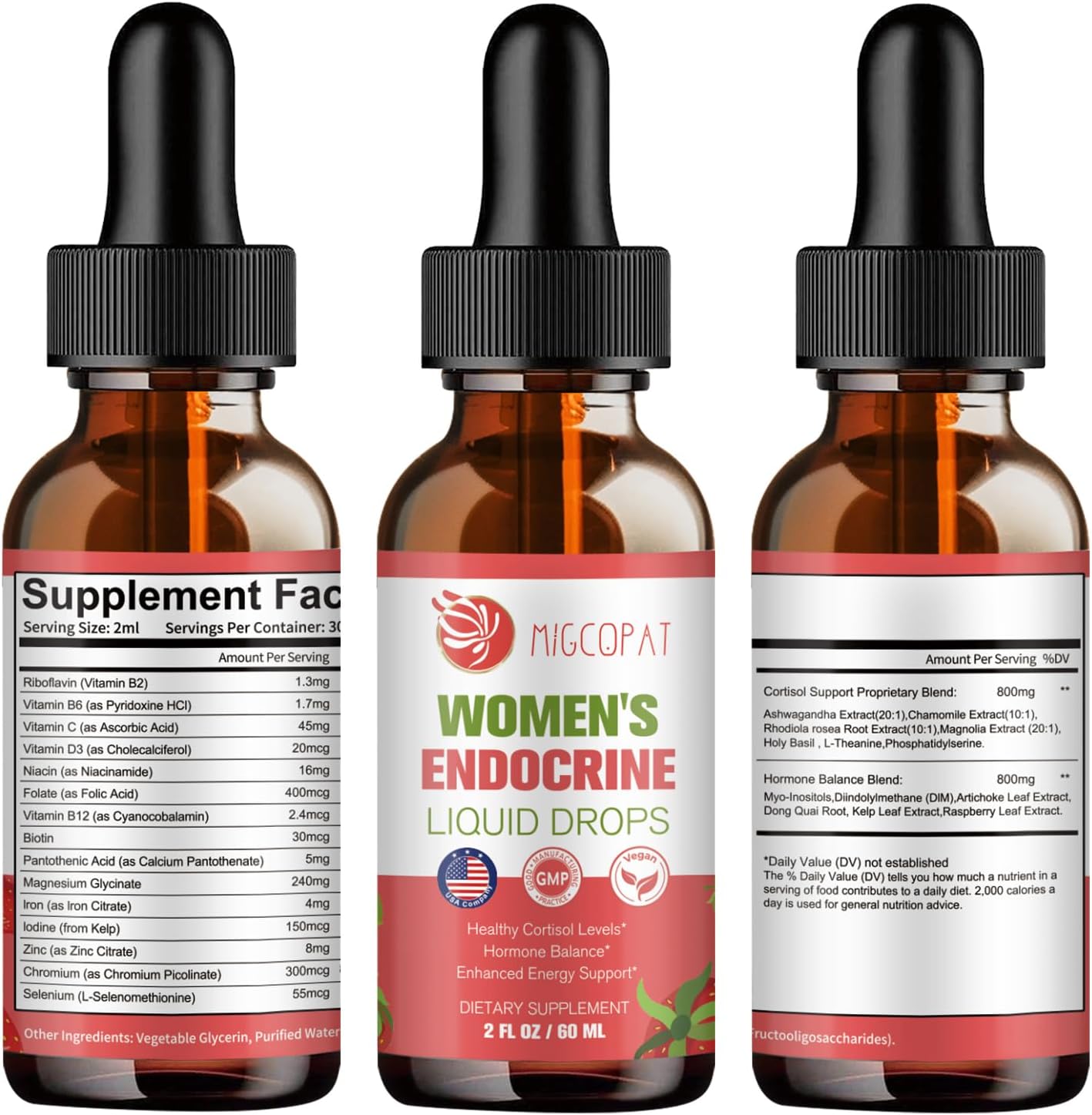Migcopat Women Endocrine Superfood Supplement Liquid Drops, Supports Healthy Cortisol Levels, Hormonal Balance, Gut Health, Mood, Sleep Support, Multivitamin+Inositols, Rhodiola, DIM