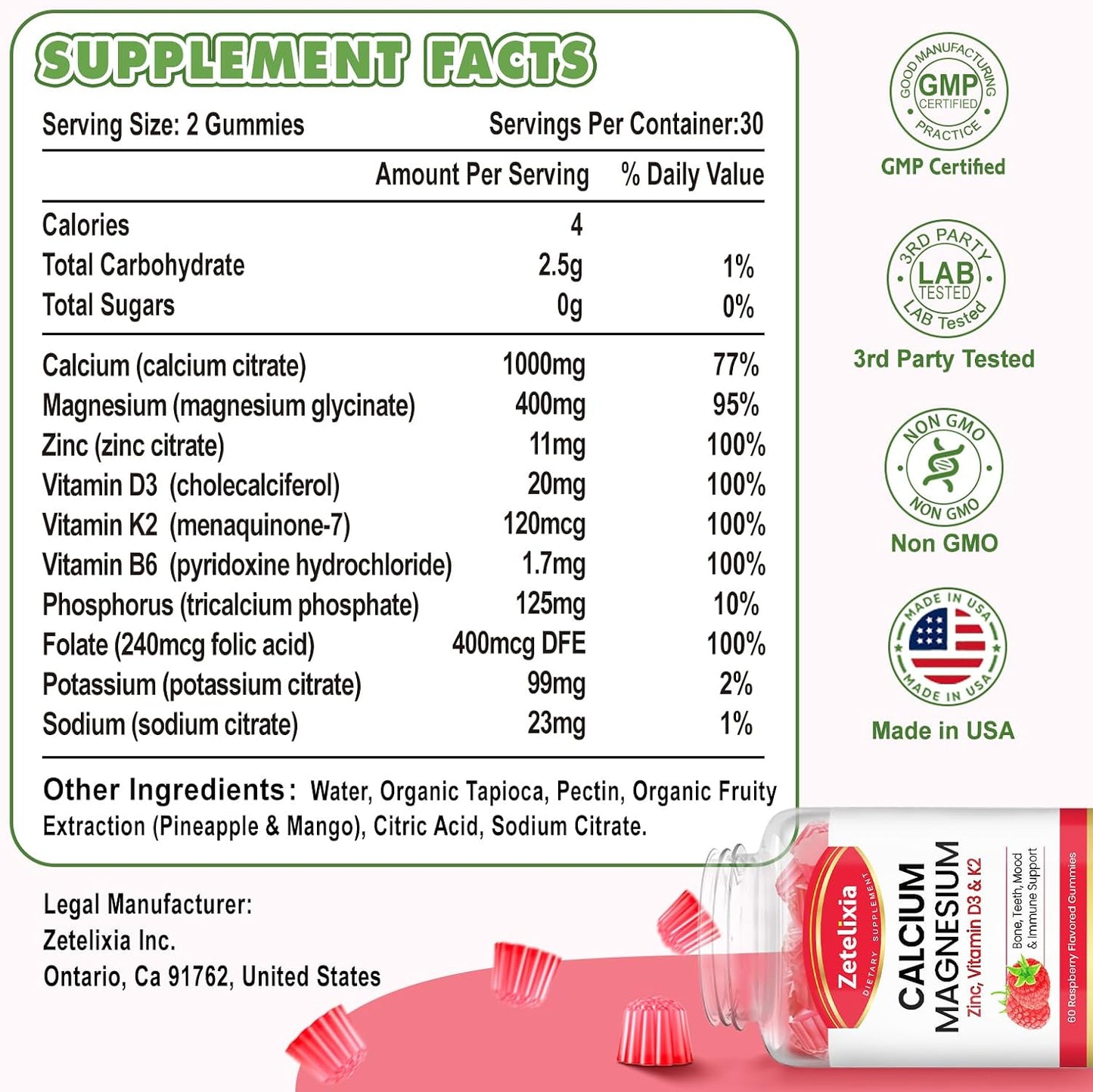 Calcium Magnesium Zinc Gummies with Vitamin D3 & K2, Calcium Gummies for Muscles, Women & Men, Raspberry Flavor - 60 Count