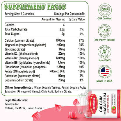 Calcium Magnesium Zinc Gummies with Vitamin D3 & K2, Calcium Gummies for Muscles, Women & Men, Raspberry Flavor - 60 Count