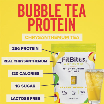 FitBites Boba Tea Protein Whey Protein Isolate (Chrysanthemum Tea), 5.9g BCAAs, Gluten
