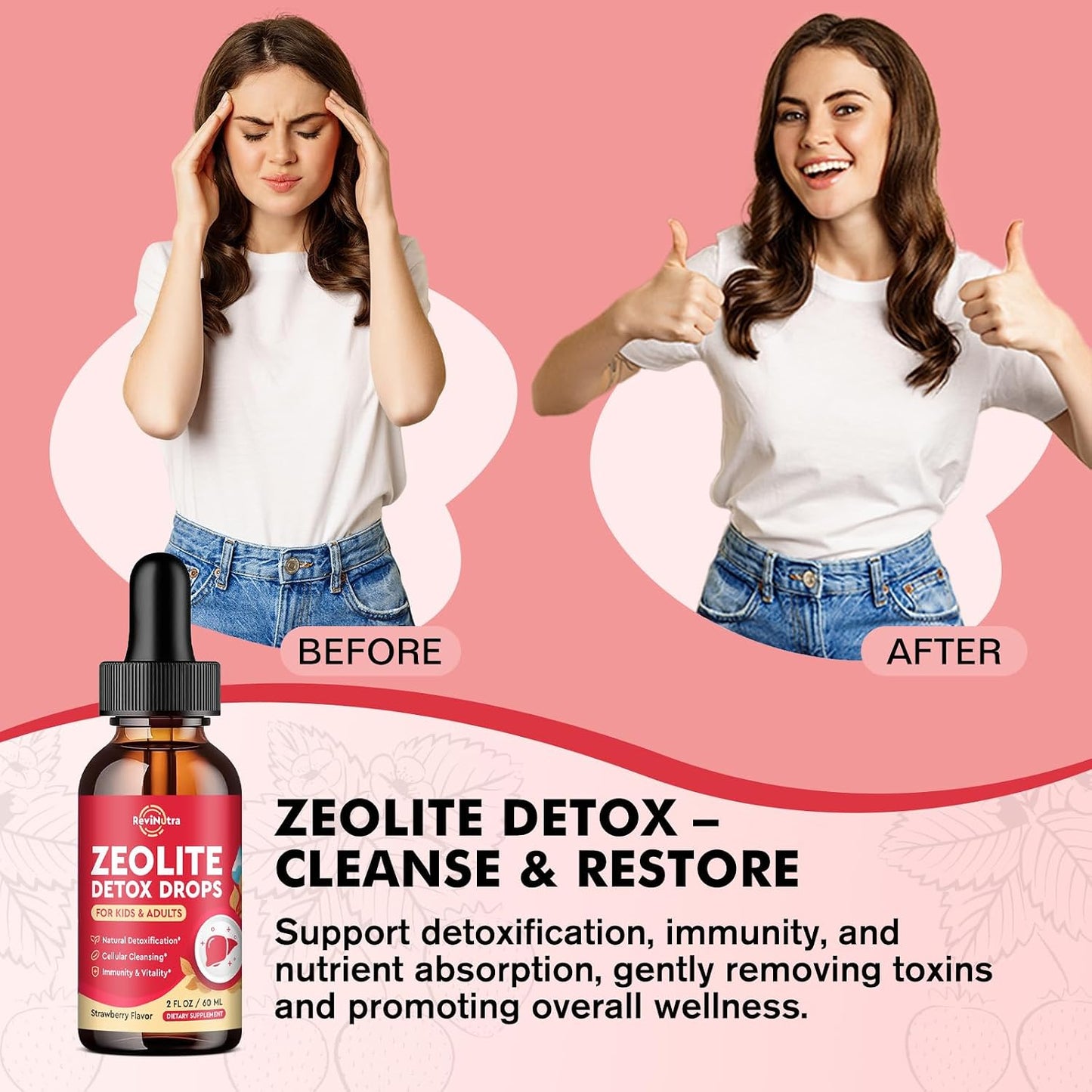 Zeolite Detox for Kids and Adults, Clinoptilolite Zeolite Liquid Drops with Chlorella, Magnesium, Zinc, Methy Vitamin B12 & D3, Gut Liver Detox Cleanse, Immunity, Strawberry Flavor 2 Fl Oz