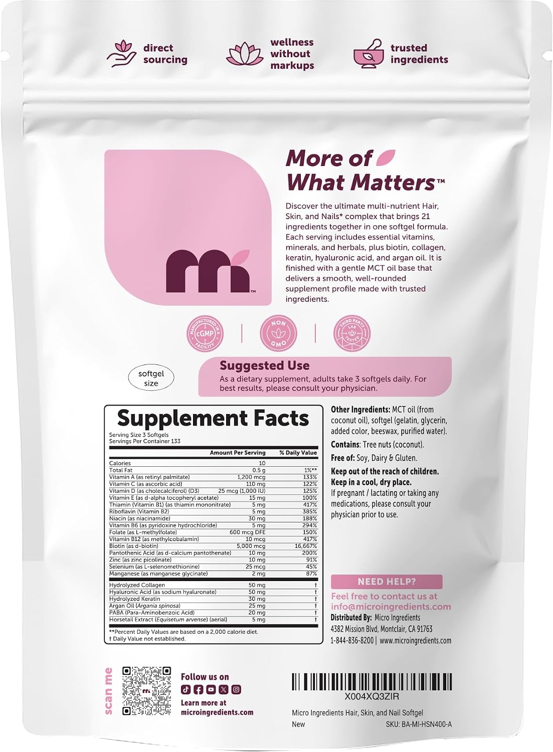 Hair Skin and Nails Vitamins for Women & Men | 400 Softgels with MCT Oil | 21-in-1 Argan Oil, Hyaluronic Acid, Collagen, Keratin & Biotin Supplement | 133-Day Supply | Non-GMO, Gluten Free