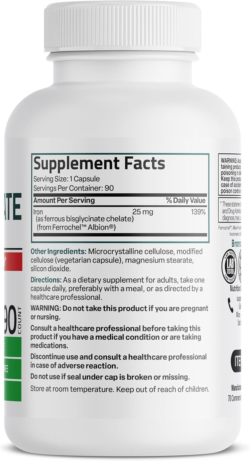 Bronson Iron Bisglycinate 25 mg, 90 Vegetarian Capsules | Gentle on the Stomach, Non-Constipating, Supports Energy & Red Blood Cell Production, Non-GMO, Gluten-Free & Soy-Free