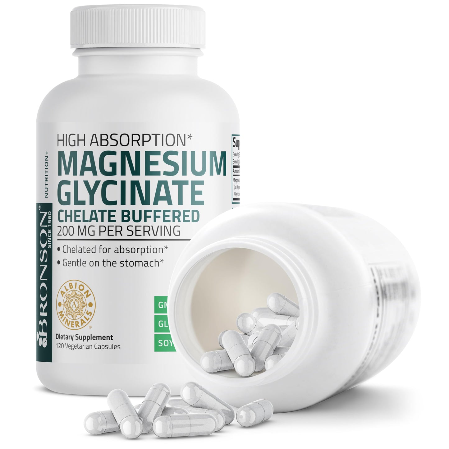 Bronson Magnesium Glycinate 200 MG Chelated High Absorption, 60 Capsules | Stress Relief, Sleep, Heart Health, Nerves, Muscles, and Metabolism Support, Vegetarian, Non-GMO, Gluten Free, Soy Free
