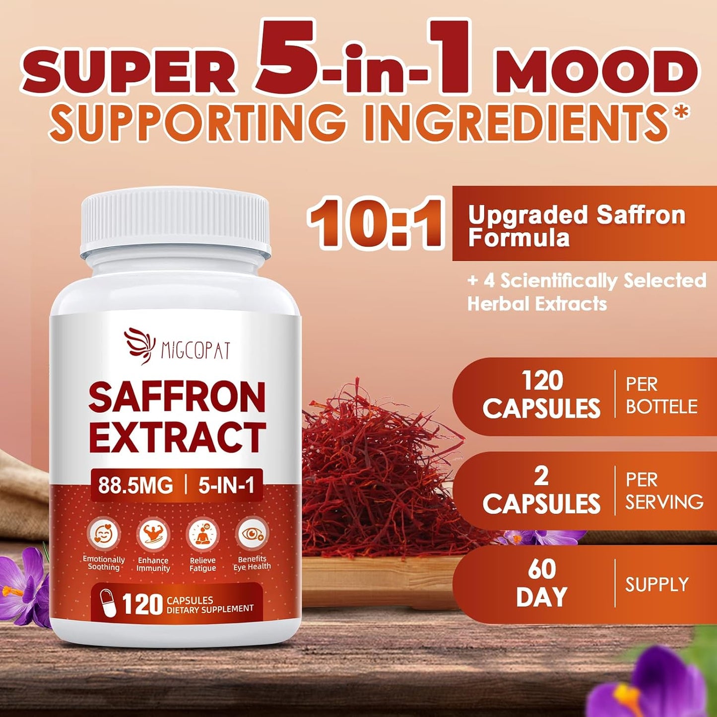 Migcopat Happy Saffron Supplement 2 Pack, 5 in 1 Saffron Capsules with Ginseng, Goji Berry & Chrysanthemum – Supports Memory, Focus, Mood, Energy, Emotional Balance & Eye Health