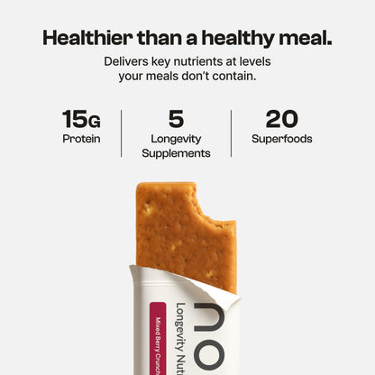 Novos Longevity Protein Bar | 15g Protein, 20 Superfoods, 5 Longevity Ingredients for Men & Women | Supports Skin, Mind & Mood | Mixed Berry Crunch (12-Pack)