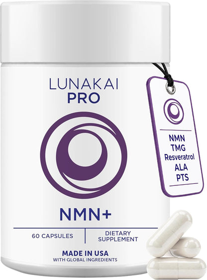 Lunakai USA Made NMN Supplement 500mg - NAD+ Support with Resveratrol 98%, TMG & Pterostilbene - Nicotinamide Mononucleotide for Daily Cellular Energy & Healthy Aging - 60 Vegan Capsules