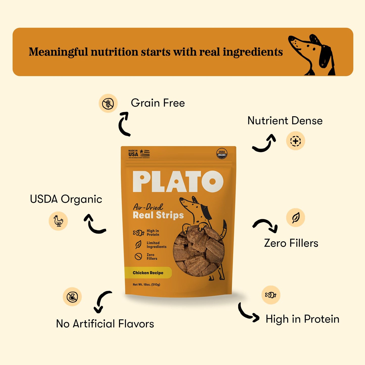 Plato Real Strips Turkey & Pumpkin Recipe Dog Treats, Air-Dried High-Protein Grain-Free Soft Strips with Real Pumpkin, 18 oz