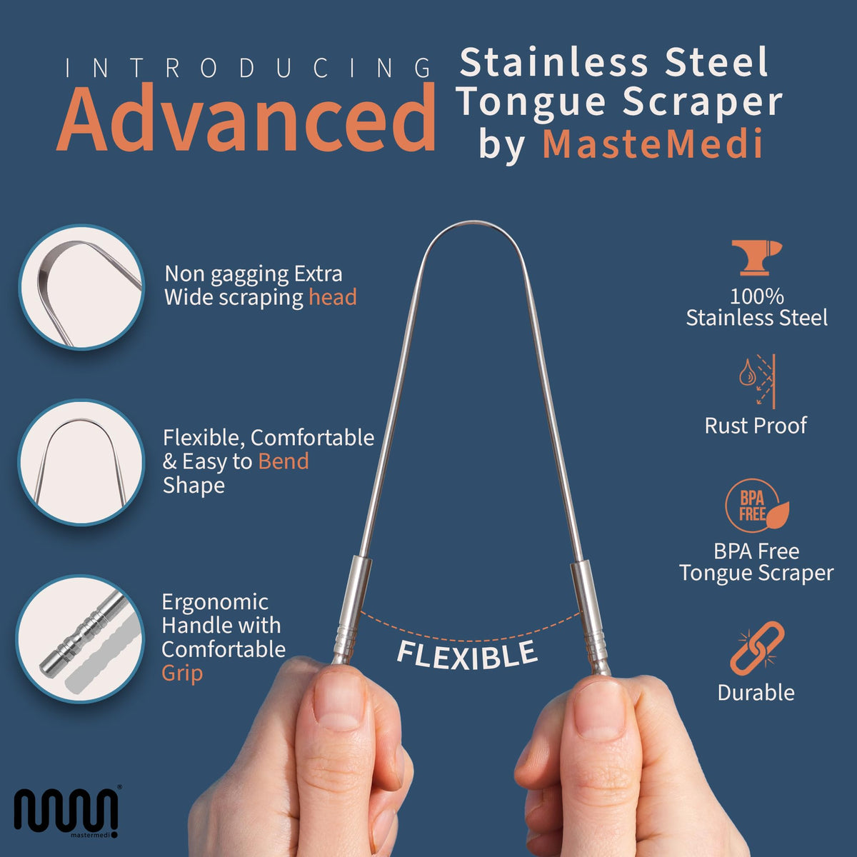 MasterMedi Tongue Scraper for Adults, 100% Stainless Steel Tongue Scrubber for Bad Breath, Easy to Use, Tongue Cleaner for Oral Care & Hygiene (SPTC-1|with Case)