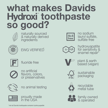 Davids Nano Hydroxi Toothpaste and Tongue Scraper Bundle, Remineralize Enamel, Sensitive Relief & Teeth Whitening - Antiplaque, Fluoride Free, SLS Free, Peppermint, 4oz, Made in USA