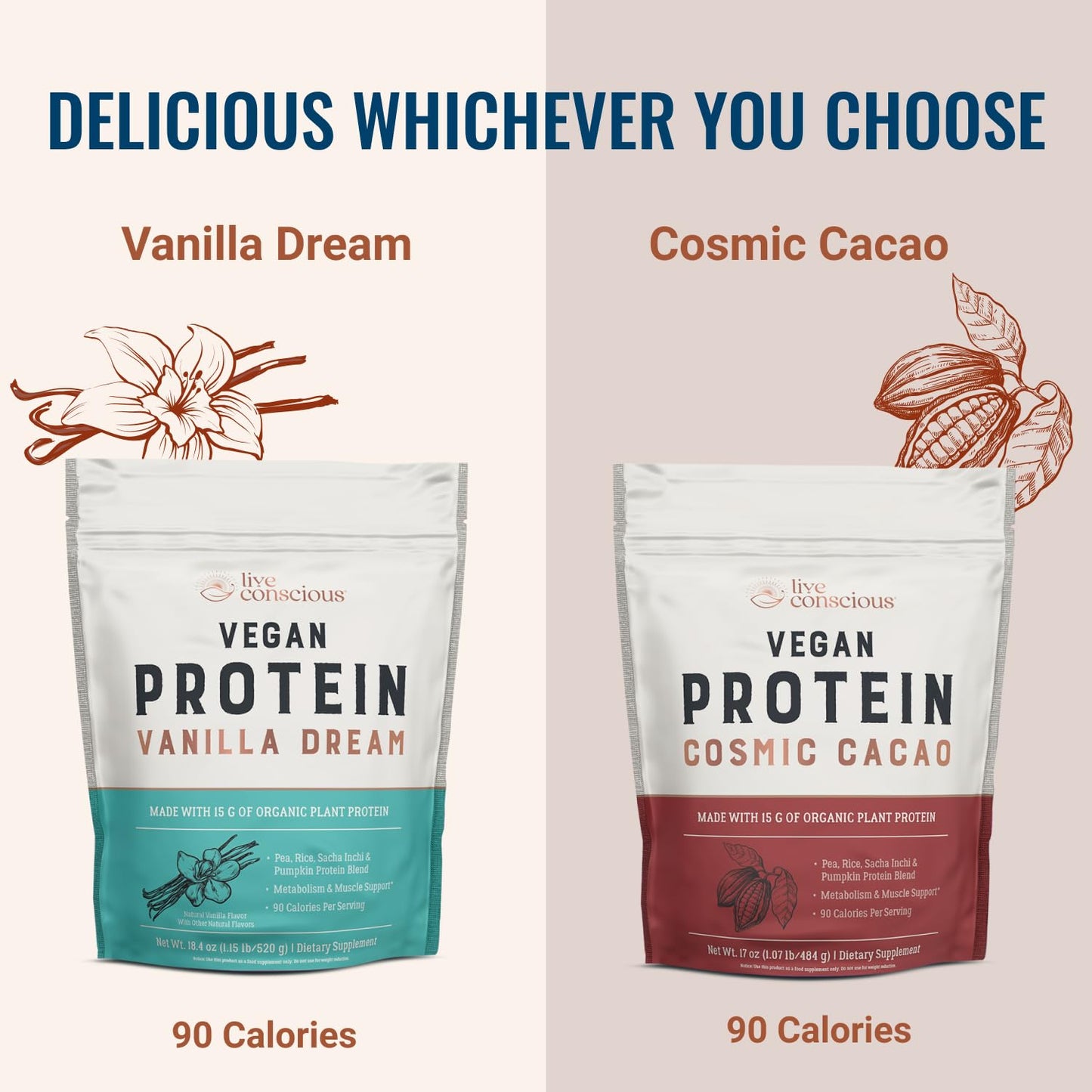 Live Conscious Cosmic Cacao - Organic Vegan Protein Powder, Chocolate Flavor, Plant-Based Blend - Pea Protein, Brown Rice, Pumpkin, Sacha Inchi - 20 Servings, 17 oz