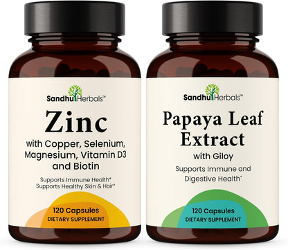 Zinc 30mg with Copper, Selenium & Vitamin D3 Bundle with Papaya Leaf Extract (120 Capsules Each) | Supports Immune Health
