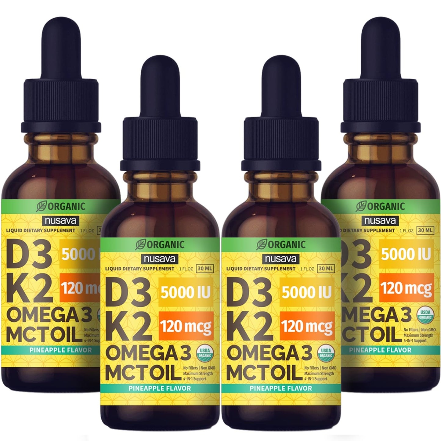 (2 Pack) Organic Vitamin D3 K2 Drops with MCT Oil & Omega 3 - Liquid Vitamin D3 5000 IU - K2 D3 Vitamin Supplement - Vitamin D Drops for Women & Men - No Fillers, Non-GMO, GMP, Unflavored (2 Fl Oz)