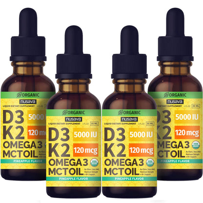 (2 Pack) Organic Vitamin D3 K2 Drops with MCT Oil & Omega 3 - Liquid Vitamin D3 5000 IU - K2 D3 Vitamin Supplement - Vitamin D Drops for Women & Men - No Fillers, Non-GMO, GMP, Unflavored (2 Fl Oz)