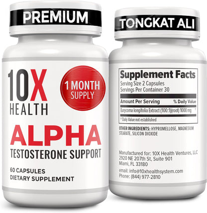 10X Health Tongkat Ali - 60 Capsules | Testosterone Booster for Men: Eurycoma Longifolia 1000mg, Strength, Vitality & Muscle Growth