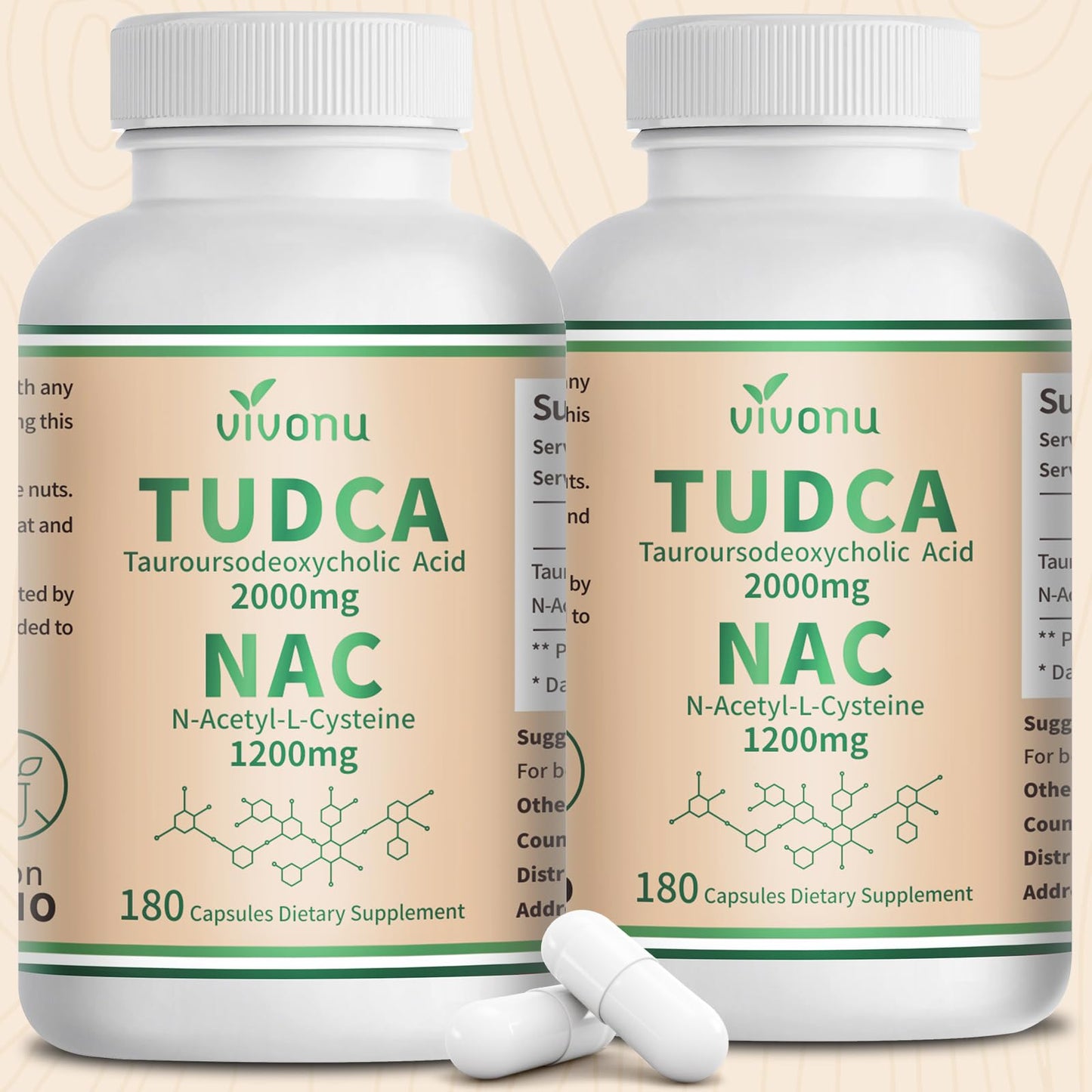 VivoNu TUDCA 625mg + NAC 375mg Supplement Complex Capsules, TUDCA Bile Salt + N Acetyl Cysteine, Antioxidant Supplements for Liver&Lung&Digestion&Gallbladder Cleanse(180 Capsules)