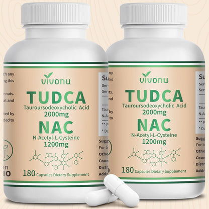 VivoNu TUDCA 625mg + NAC 375mg Supplement Complex Capsules, TUDCA Bile Salt + N Acetyl Cysteine, Antioxidant Supplements for Liver&Lung&Digestion&Gallbladder Cleanse(180 Capsules)