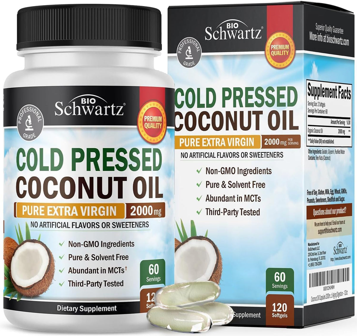 Coconut Oil Capsules 2000mg, 120ct, 2 Month Supply