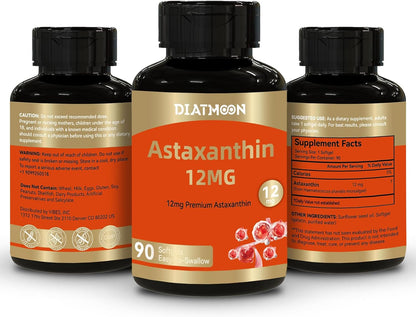Astaxanthin 12mg Organic Easy to Swallow Astaxanthin Supplement 90 Softgels | Support Eye & Brain & Skin Health, Triple Strength, Fresh Microalgae Source, Organic Non-GMO, Gluten Free, No Soy, Vegan