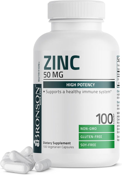 Bronson Zinc 50mg Complex High Potency Immune Support Supplement & Antioxidant and Skin Health - Non GMO, 100 Vegetarian Capsules