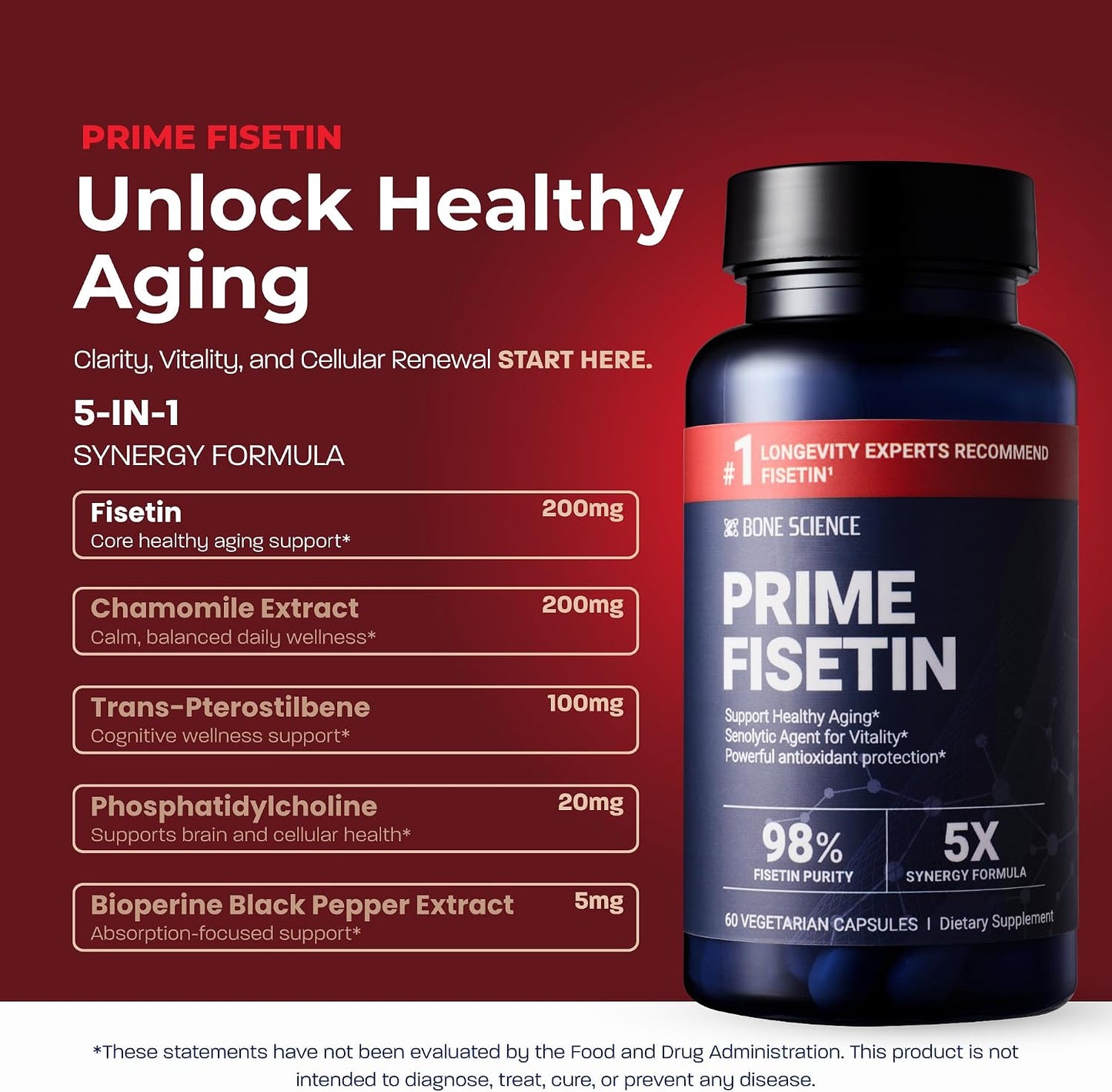 BONE SCIENCE Prime Fisetin 98% Plant-Based Flavonoid Supplement with Chamomile Extract, Trans-Pterostilbene, Phosphatidylcholine, and BioPerine