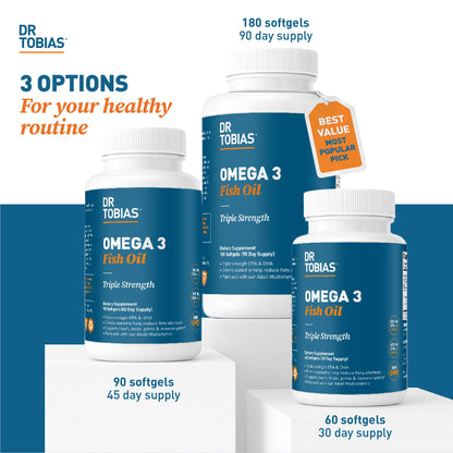 Dr. Tobias Omega 3 Fish Oil 2000mg Triple Strength | 180 Softgels | Heart, Brain & Joint Support | 2,000 mg Fish Oil | 800 mg EPA + 600 mg DHA | Delayed Release Omega 3 Supplement | 90 Servings