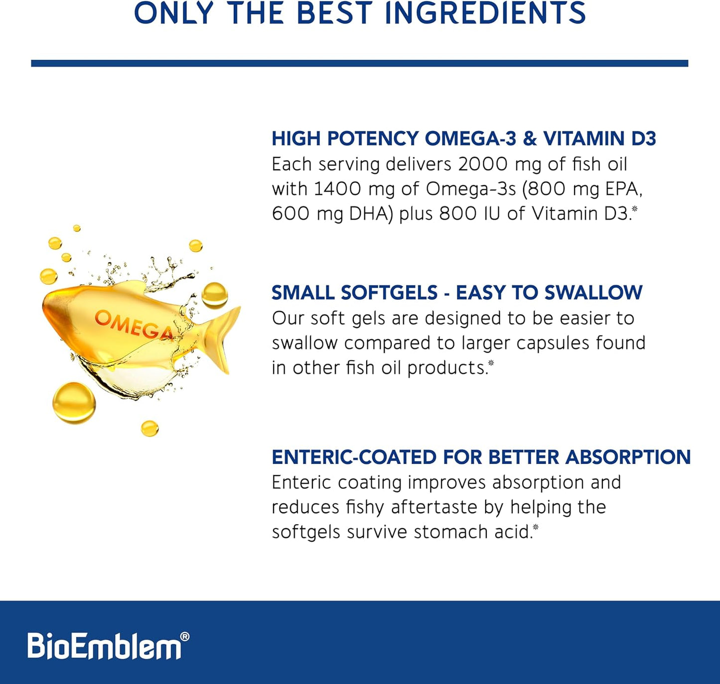 BioEmblem Omega-3 Fish Oil 2000mg Per Serving - Small Size Softgels, High Absorption Form, Sustainable - EPA &DHA Plus Vitamin D3, Non-GMO, Heart, Joint, & Brain Health Fish Oil Supplement, 120 Ct