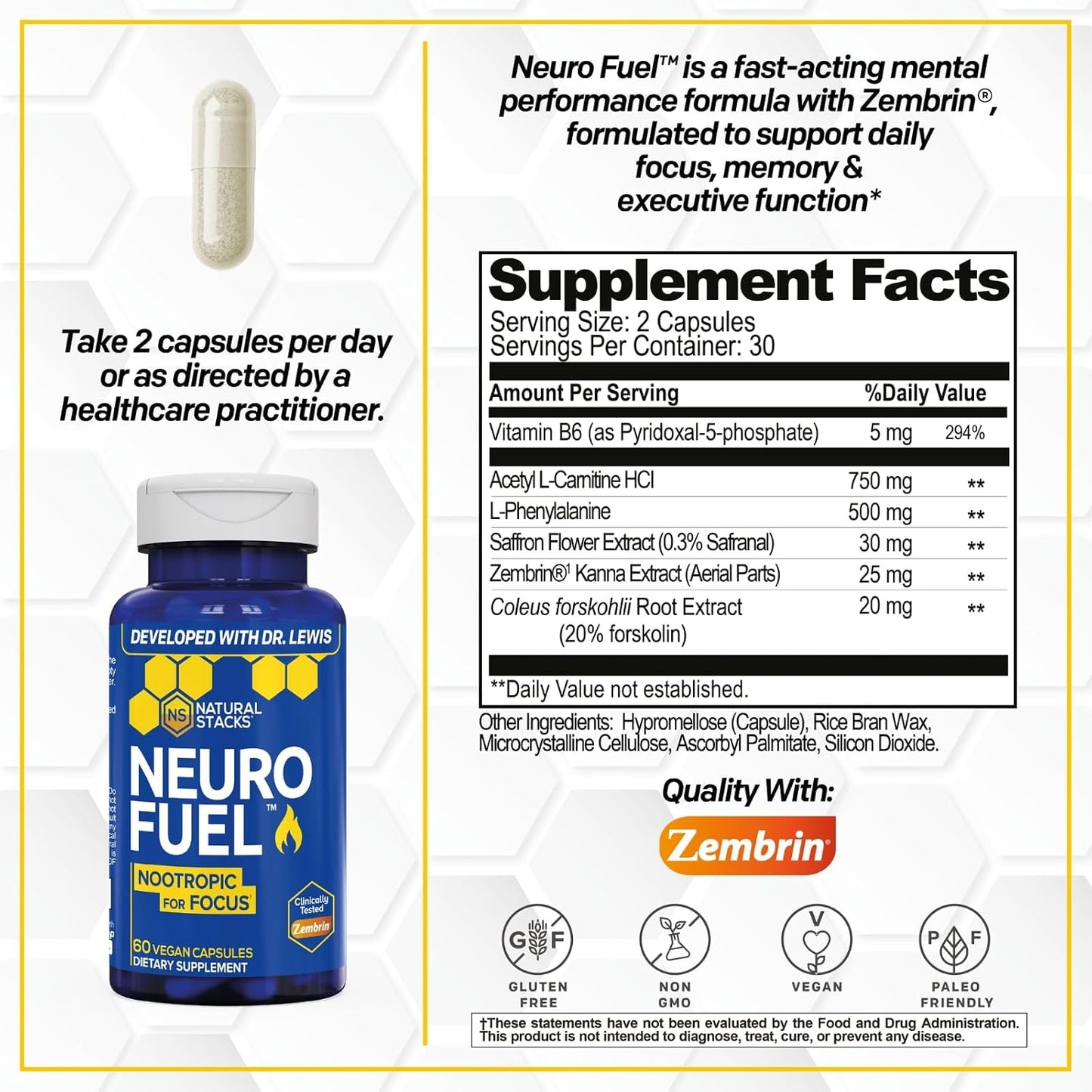 NeuroFuel Kanna Nootropic With Zembrin For Memory And Focus, 60 Capsules | Sceletium Tortuosum extract supports mental clarity and cognitive performance. Ideal for work, study, and busy days.