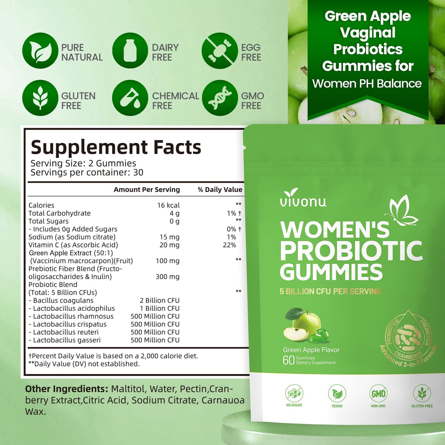 VivoNu Viginal Probiotic for Women, Women Probiotic Gummies, Feminine Balance Gummies, Green Apple Probiotics for Woman Vaginigal Health, Yeast Ph Balance