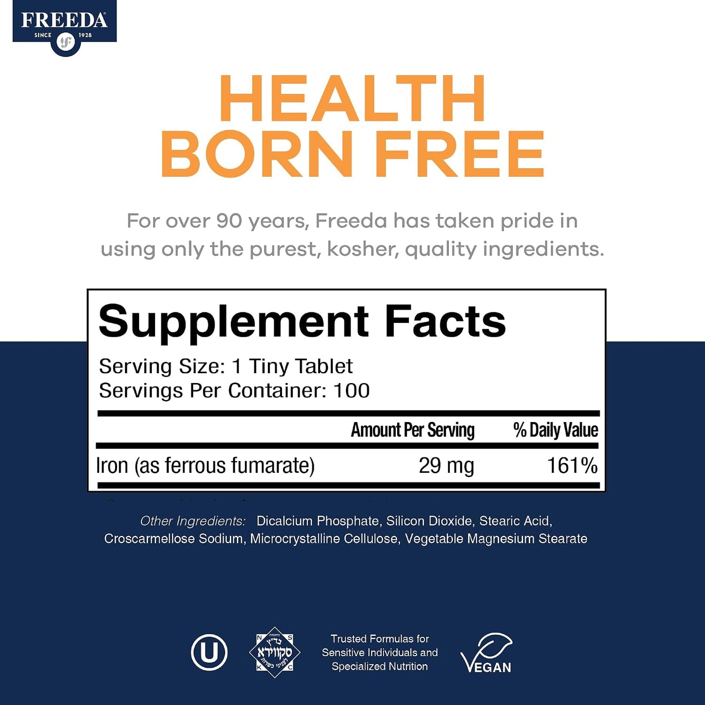 Freeda Iron Supplement - Ferrous Fumarate Iron Tablets | Gentle Ferrous Fumarate Iron Tablets - Support Energy & Red Blood Cells - Easy-To-Swallow - Kosher & Made In USA