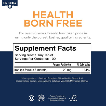 Freeda Iron Supplement - Ferrous Fumarate Iron Tablets | Gentle Ferrous Fumarate Iron Tablets - Support Energy & Red Blood Cells - Easy-To-Swallow - Kosher & Made In USA