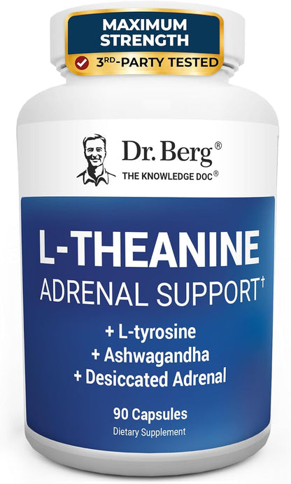 Dr. Berg 600 mg L-Theanine Adrenal Support - 90 Capsules with Ashwagandha & L-Tyrosine, Zinc & Manganese - Advanced 9-in-1 Adaptogen & Mineral Formula - No Fillers*