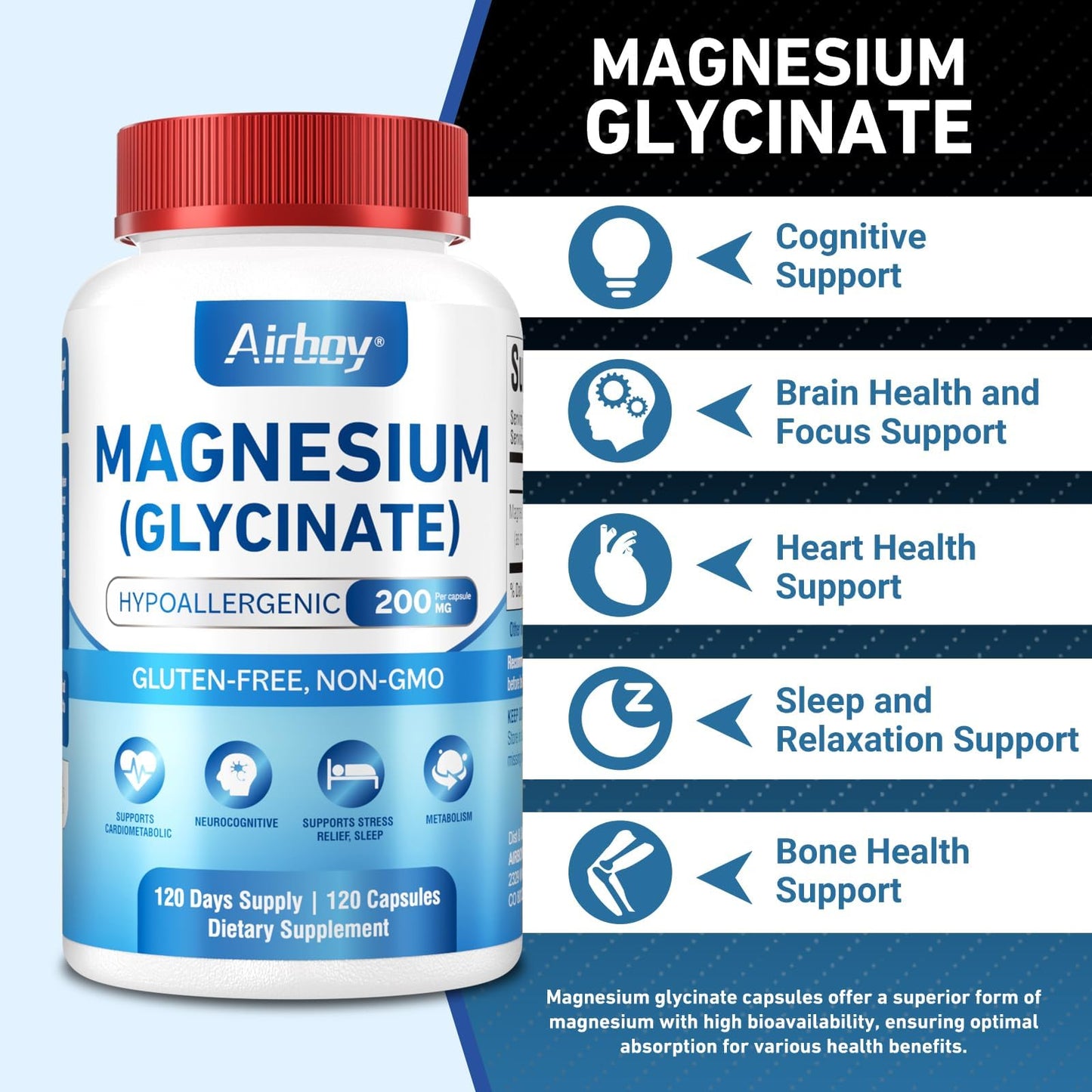 Airboy Magnesium Glycinate 200 mg, Best Magnesium Glycinate for Sleep,120 Vegan Small Capsules, High Absorption Support Relaxation, Sleep and Calm Mood,Non-GMO and No Gluten