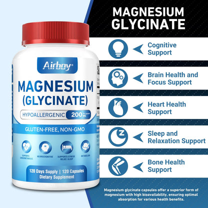 Airboy Magnesium Glycinate 200 mg, Best Magnesium Glycinate for Sleep,120 Vegan Small Capsules, High Absorption Support Relaxation, Sleep and Calm Mood,Non-GMO and No Gluten