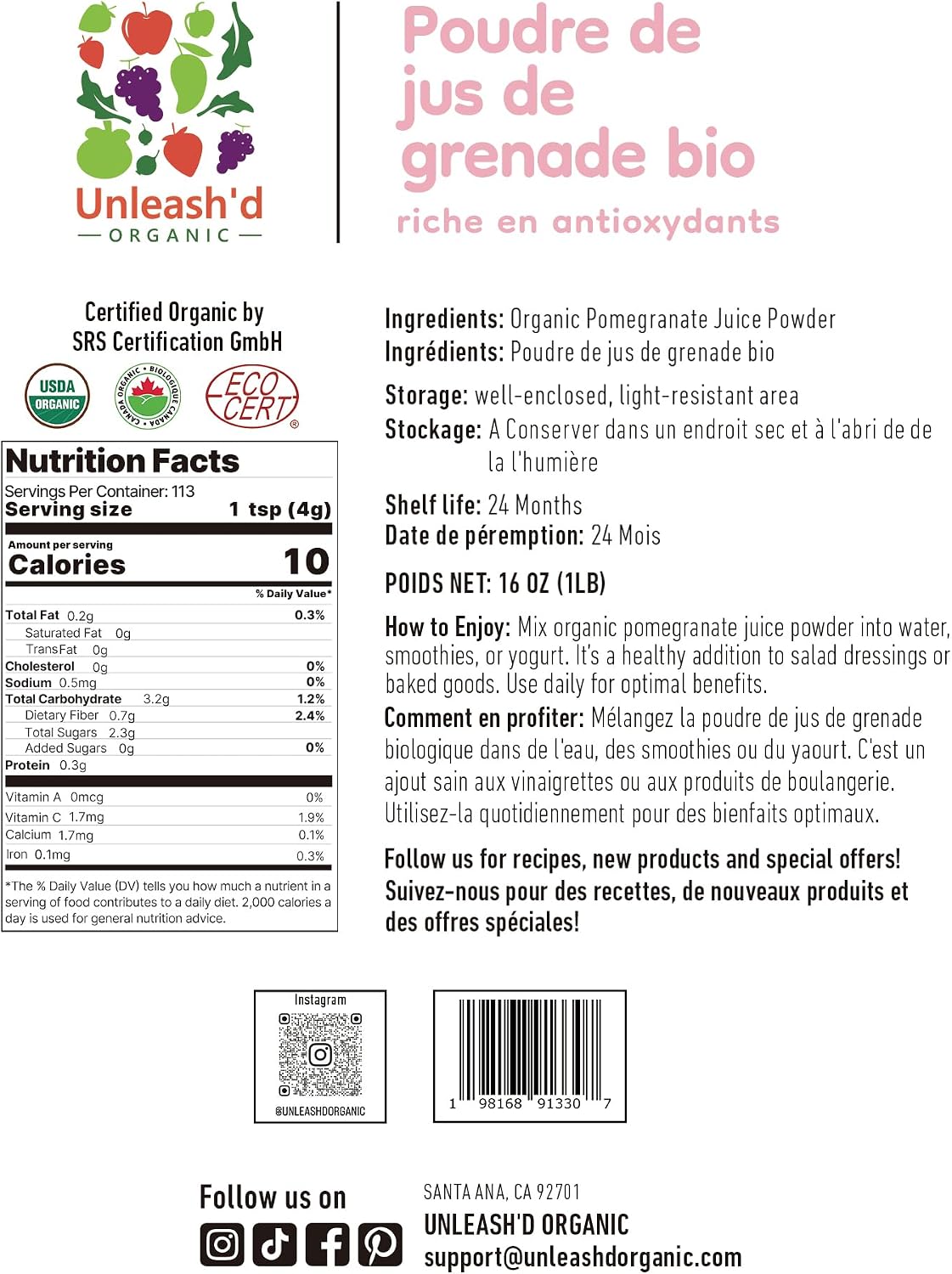 UNLEASH'D ORGANIC Organic Pomegranate Juice Powder 16 oz – Pure Superfood, Rich in Antioxidants & Nutrients