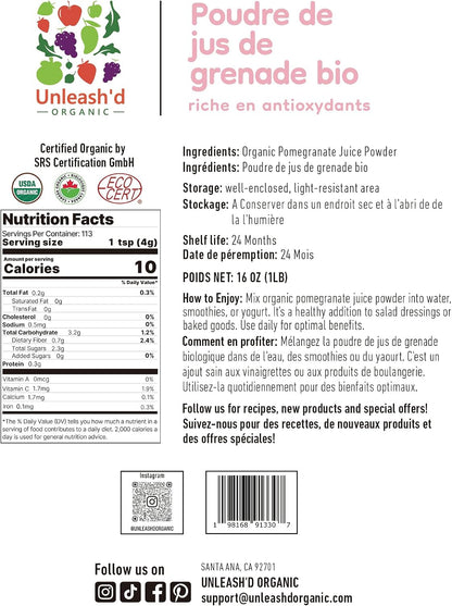 UNLEASH'D ORGANIC Organic Pomegranate Juice Powder 16 oz – Pure Superfood, Rich in Antioxidants & Nutrients