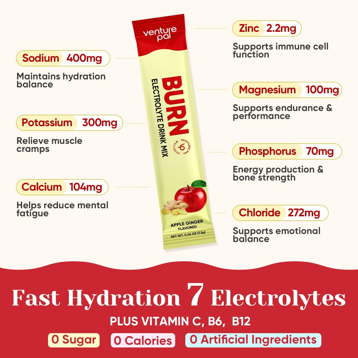 Venture Pal Electrolyte Packets + Burn Support, Sugar Free, 16 Sticks | 7 Electrolytes + L-Carnitine, Berberine, ACV, Chromium, Green Tea, Metabolic Support, Keto Friendly, Vegan, Liquid Daily IV