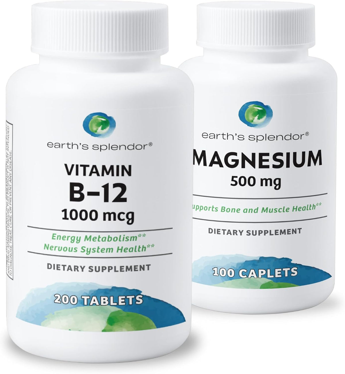 Earth's Splendor Energy + Muscle Support Energy Supplements: Vitamin B12 & Magensium Bundle. Gluten & Wheat Free, No Artificial Flavors & Preservative: Helps Metabolism, Bone & Muscle Health