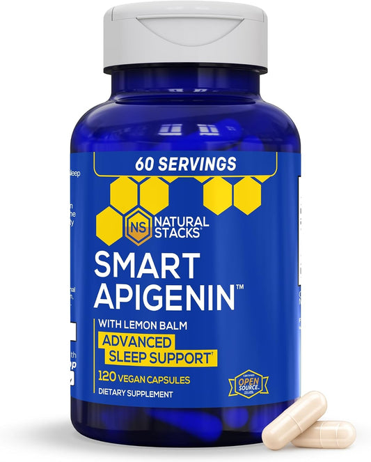 Apigenin 50mg Sleep Supplement With Lemon Balm 600mg, 120 Capsules | Melatonin free formula with passion flower extract. Supports relaxation, stress relief, and a calm evening wind down.