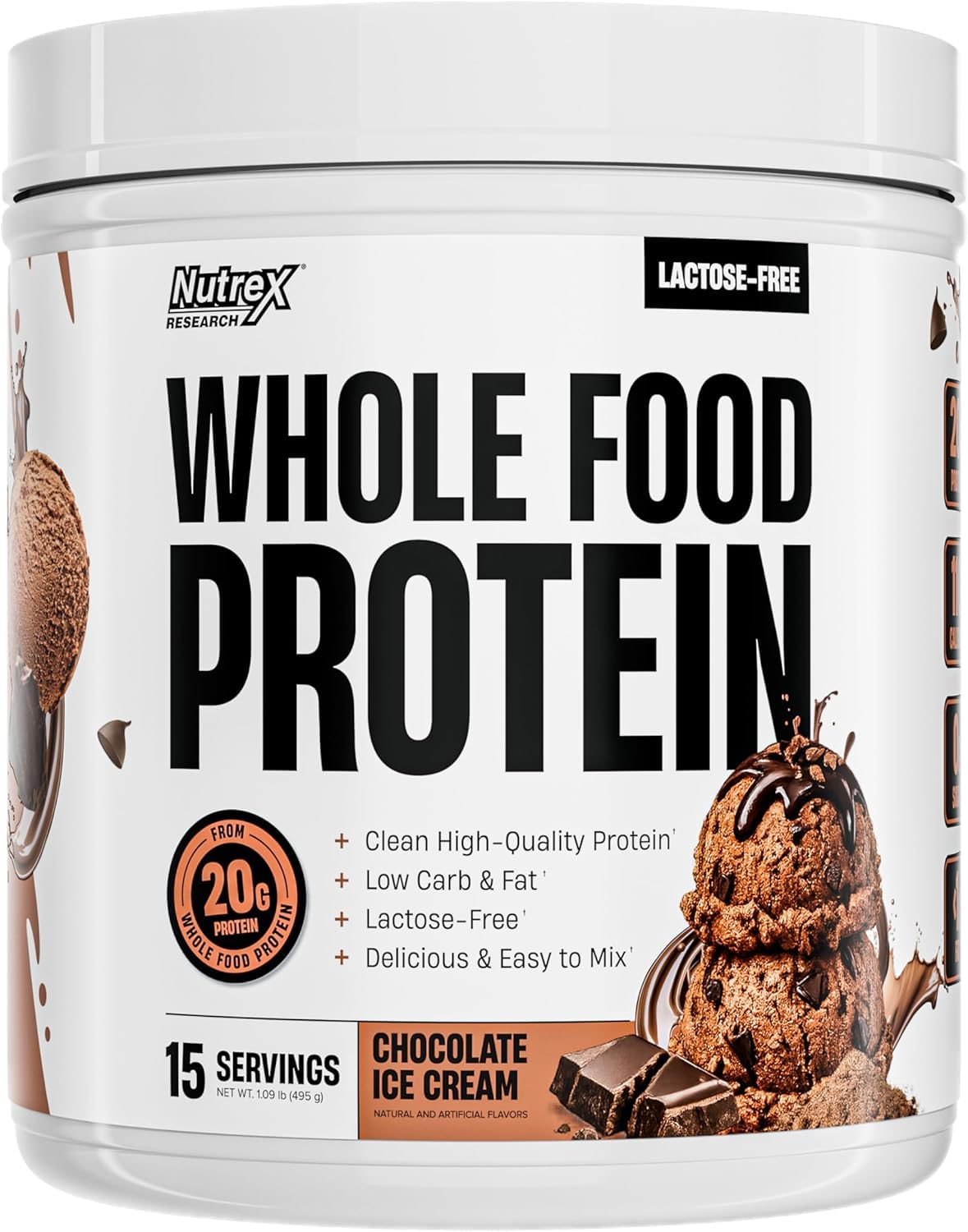 Nutrex Research Whole Food Protein Powder, 20g Protein per Scoop, Lactose Free, Dairy Free, Low Carb Low Fat, Collagen Peptides, 15 Servings (Vanilla Milkshake)