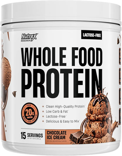 Nutrex Research Whole Food Protein Powder, 20g Protein per Scoop, Lactose Free, Dairy Free, Low Carb Low Fat, Collagen Peptides, 15 Servings (Vanilla Milkshake)