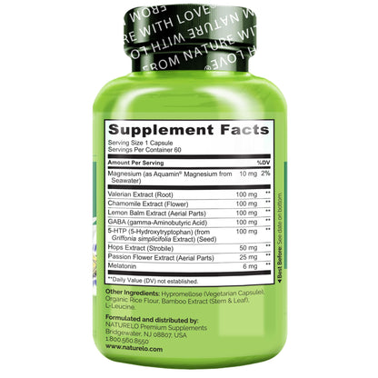 NATURELO Sleep Aid - with Melatonin, Magnesium, GABA, Valerian Root, Lemon Balm, Chamomile Herbal Extracts - Plant-Based Sleeping Aid - 60 Vegan Capsules
