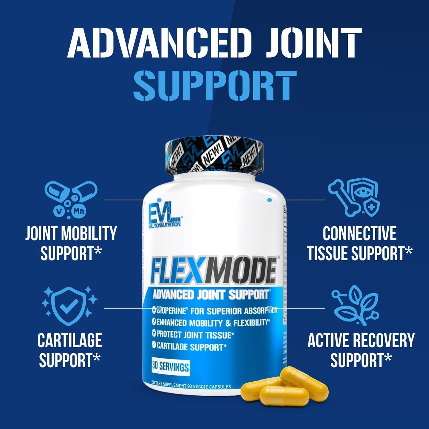 High Absorption Joint Support Supplement - Evlution FLEXMODE Joint Supplement with Advanced Joint Vitamins Including Glucosamine Chondroitin MSM Boswellia and Hyaluronic Acid - 30 Servings