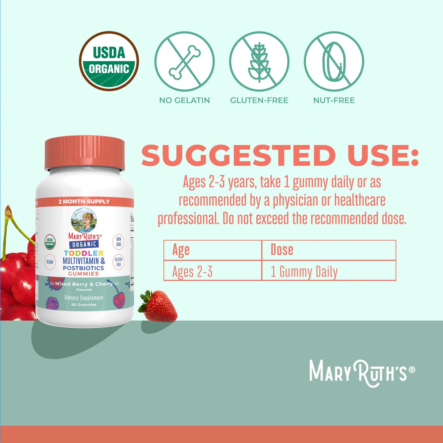 MARYRUTH'S Kids Vitamins USDA Organic | Multivitamin Gummies + Postbiotics for Ages 4+ | Multivitamin for Kids with Lactobacillus Rhamnosus | Children’s Vitamins | Vegan | Non-GMO | 60 Count