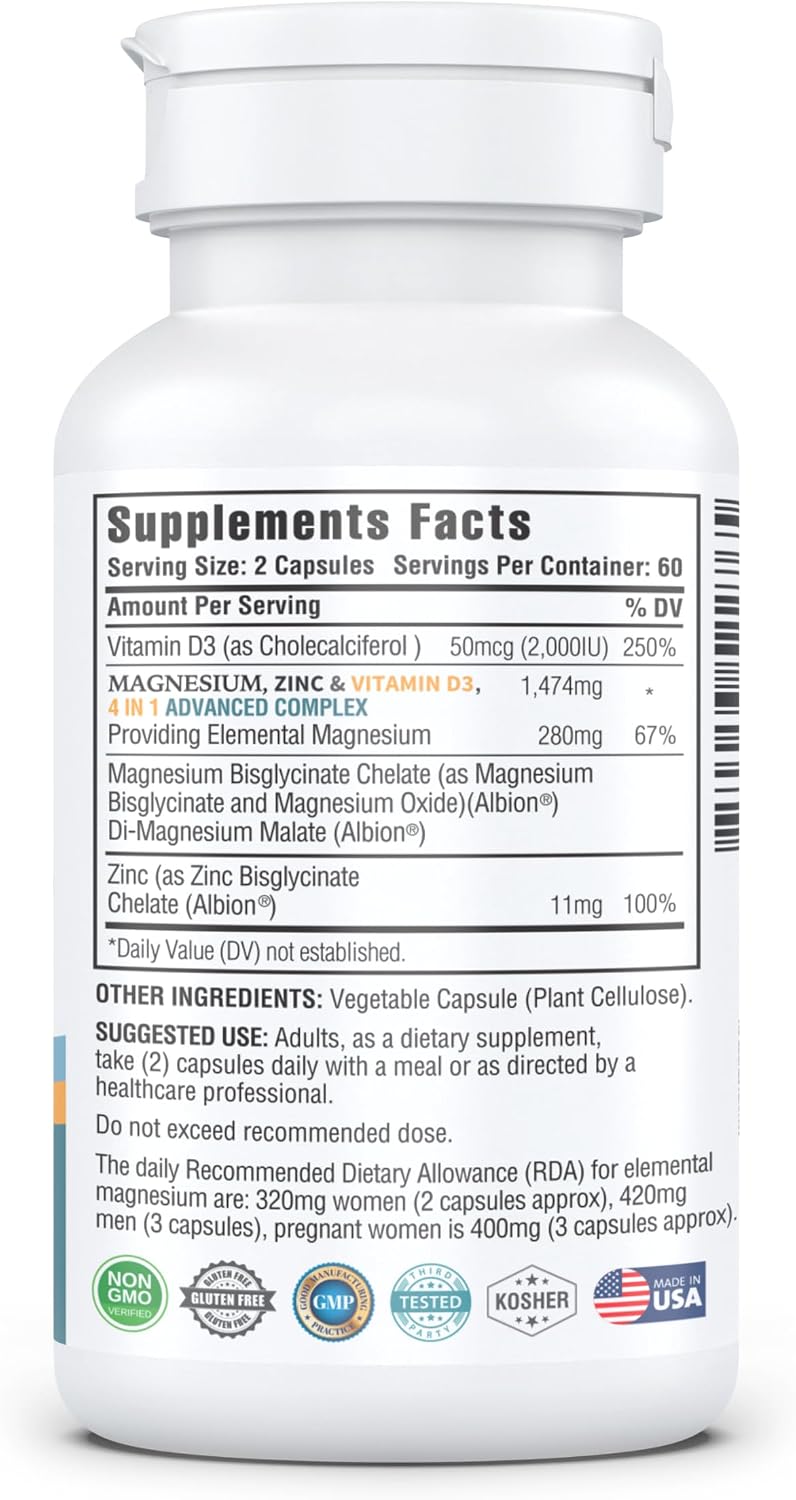 Kappa Nutrition Magnesium 4-in-1, 280mg Elemental Magnesium (Bisglycinate, Malate) + Zinc & Vitamin D3, Brain, Sleep, Energy, Muscle, Immune Support, 120 Vegan Capsules.