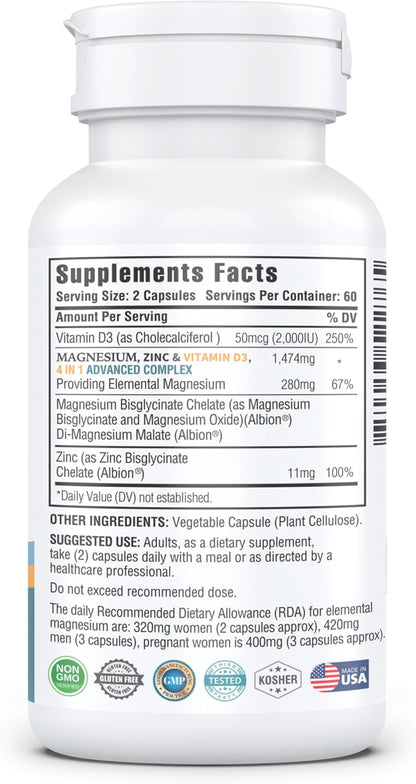 Kappa Nutrition Magnesium 4-in-1, 280mg Elemental Magnesium (Bisglycinate, Malate) + Zinc & Vitamin D3, Brain, Sleep, Energy, Muscle, Immune Support, 120 Vegan Capsules.