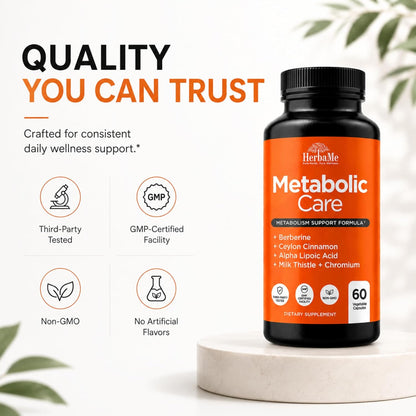 HerbaMe Berberine Supplement with Ceylon Cinnamon, Chromium, Alpha Lipoic Acid, Metabolic Care Supports Metabolism & Cardiovascular Health and Immune System, Helps Maintain Steady Energy Levels
