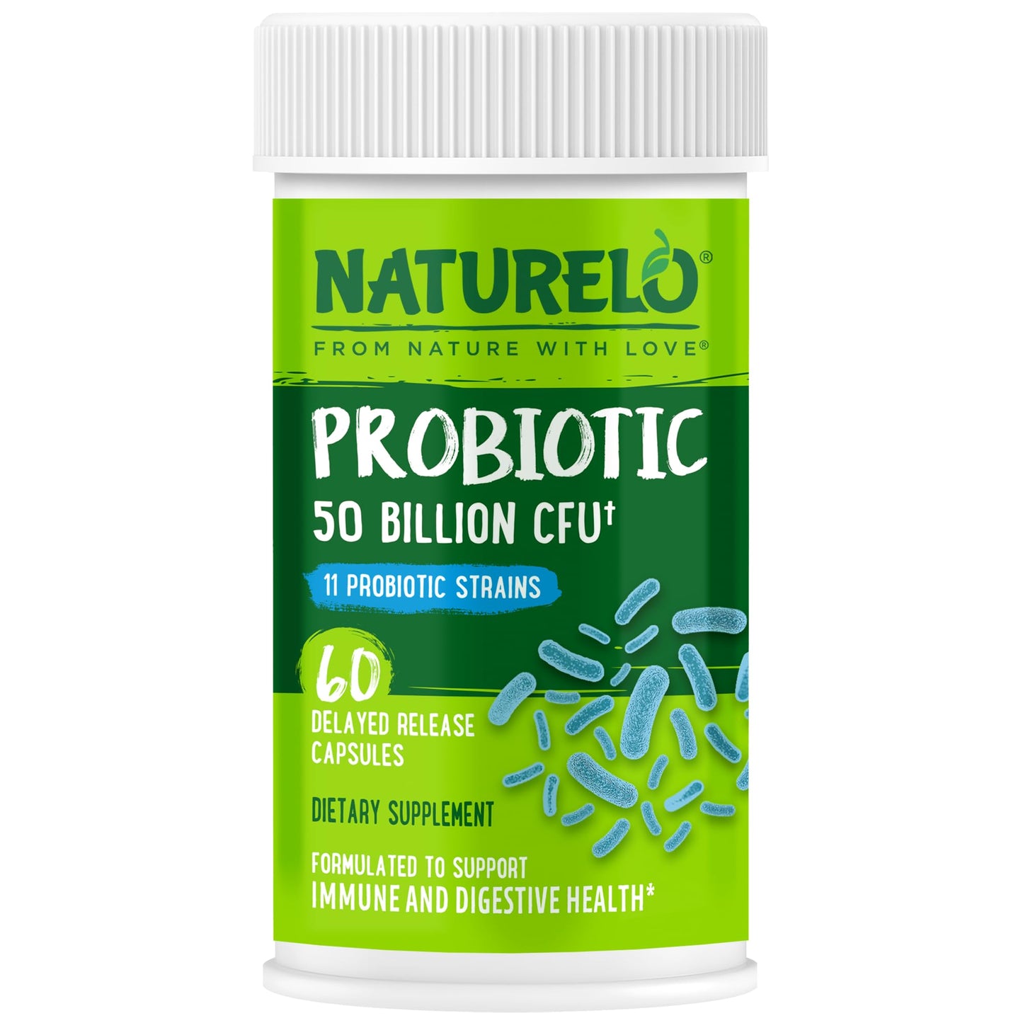 NATURELO Probiotics for Digestive Health, 50 Billion CFU, 60 Vegetarian Capsules, 11 Strains, Daily Use Supplement, Delayed Release, No-Fridge, Boosts Immune System, Probiotics for Women & Men