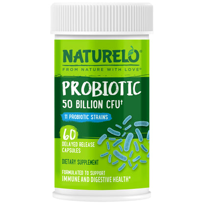 NATURELO Probiotics for Digestive Health, 50 Billion CFU, 60 Vegetarian Capsules, 11 Strains, Daily Use Supplement, Delayed Release, No-Fridge, Boosts Immune System, Probiotics for Women & Men
