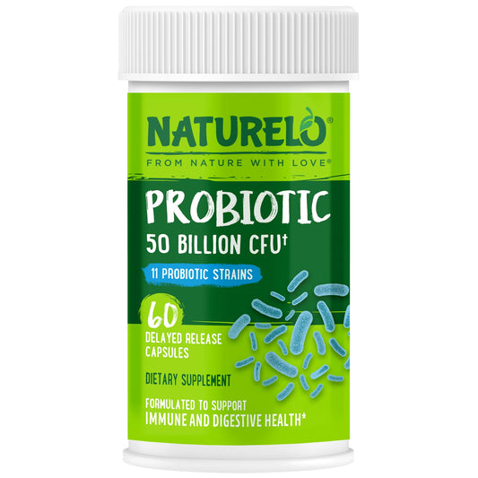 NATURELO Probiotics for Digestive Health, 50 Billion CFU, 60 Vegetarian Capsules, 11 Strains, Daily Use Supplement, Delayed Release, No-Fridge, Boosts Immune System, Probiotics for Women & Men